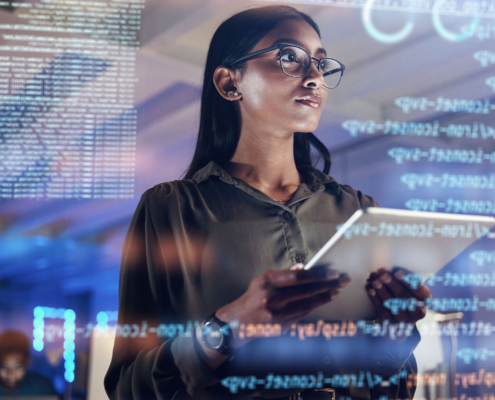 Software, Coding Hologram And Woman On Tablet Thinking Of Data Analytics